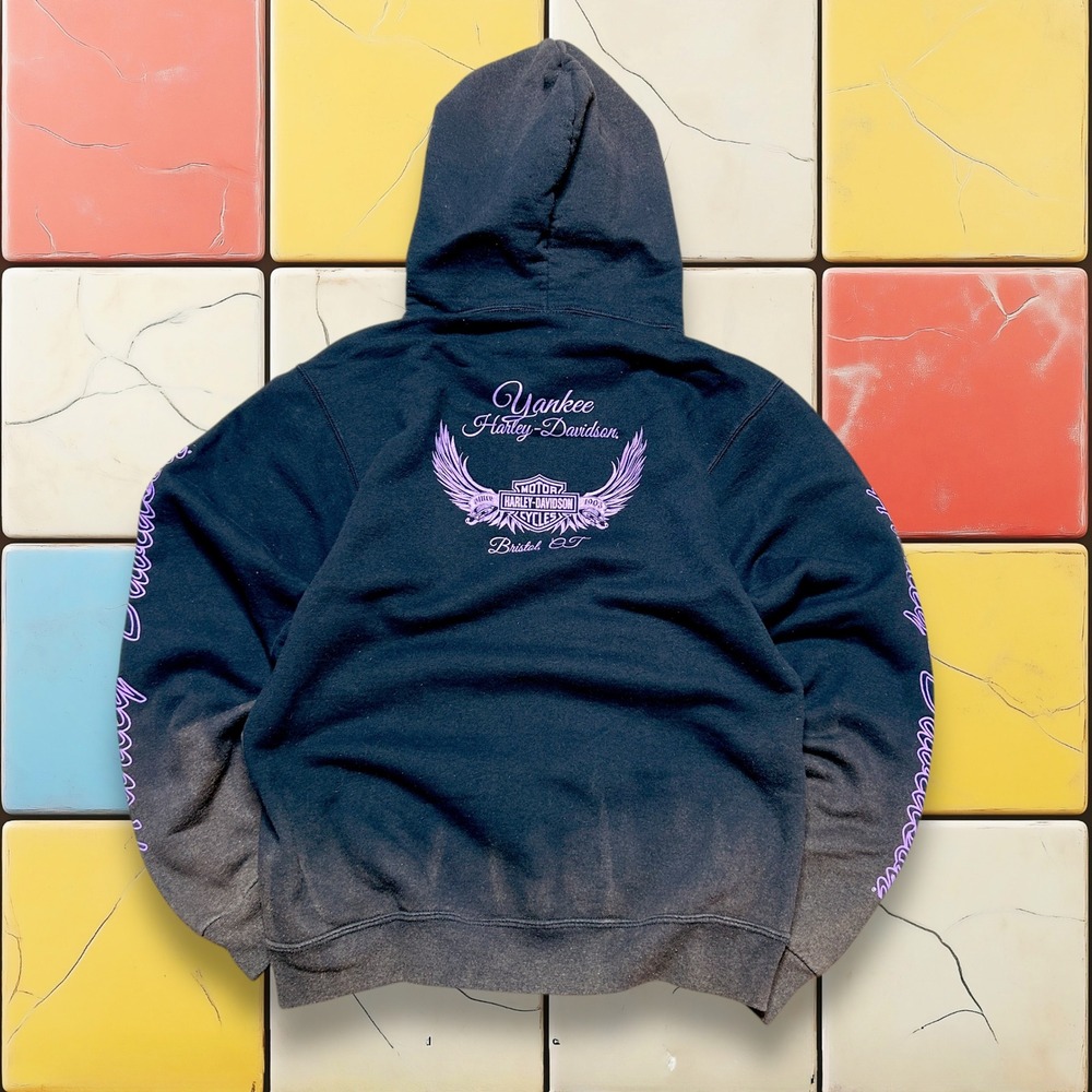 VTG Harley Davidson Faded Hoodie Sweatshirt Y2K Woman S Black‎ Purple Pullover - Picture 3 of 13